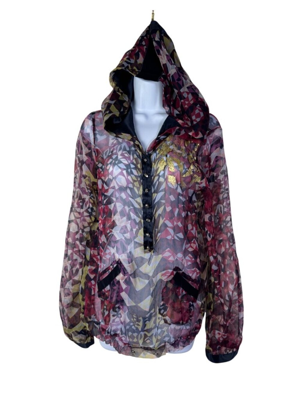 For love & Liberty 100% Silk Sheer Abstract Hooded Top size Medium Skull Buttons